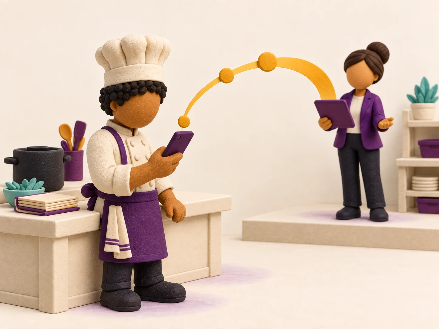 A clay miniature of a casino kitchen: a line cook reading a message on his phone in the foreground, a supervisor with a tablet standing further back on a low step, and a gold paper ribbon arcing from her tablet down to his phone, tapering as it arrives.
