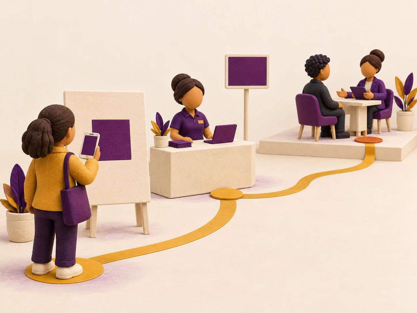 A clay miniature of a hiring day: a candidate holding her phone up to a poster board, a check-in desk beyond her, an interview table on a raised platform behind, and a gold paper rail running along the floor from one station to the next.