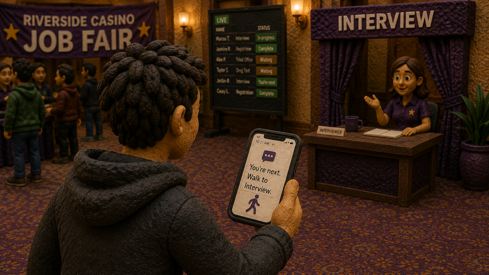 Phone text: you’re next, walk to interview