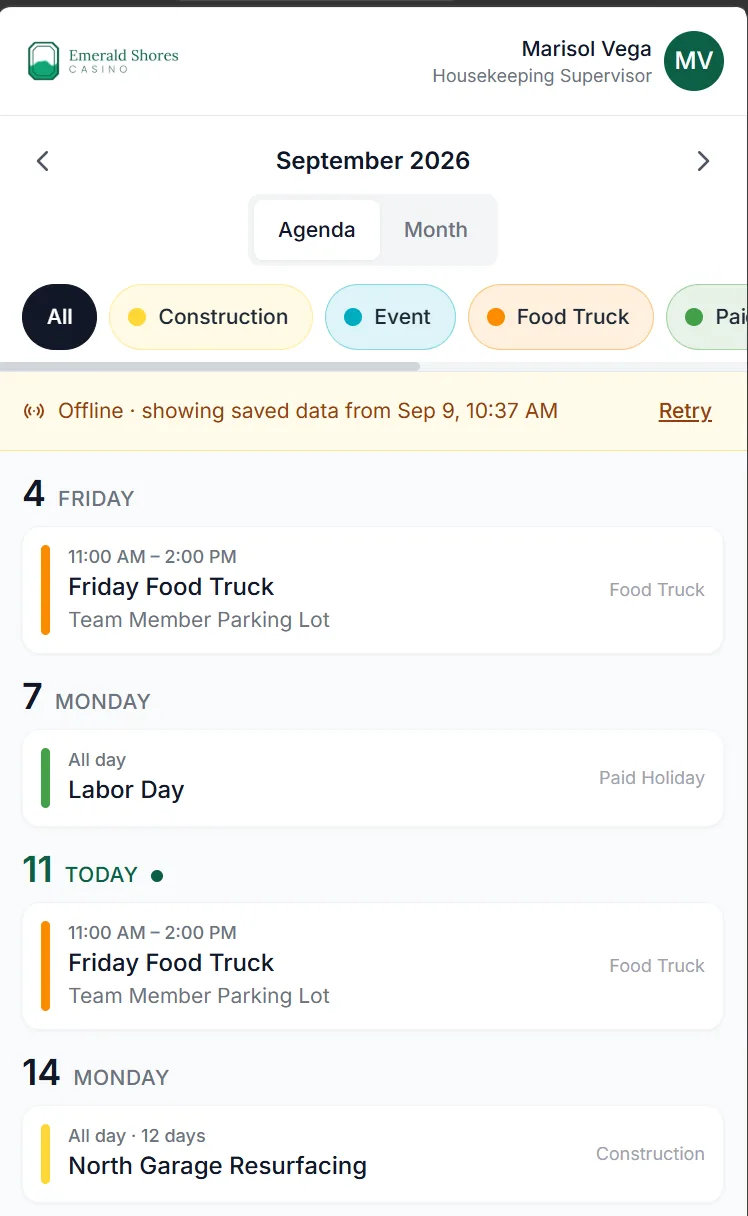 The Calendar agenda in the same employee app for September 2026, filtered by category chips: Friday food trucks in the team member parking lot, Labor Day, the north garage resurfacing, and a new supervisor orientation.