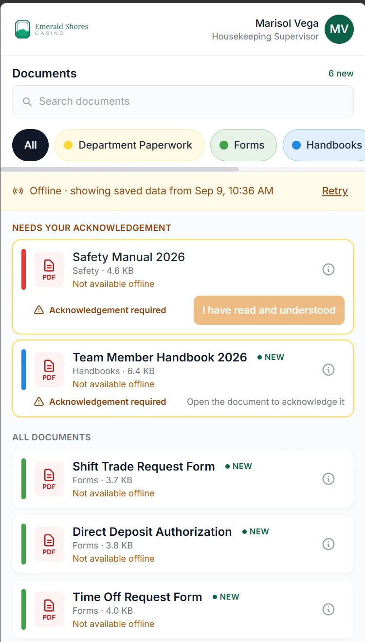 The Documents screen in a property’s employee app. Two documents are flagged as needing acknowledgement: the Safety Manual with an ‘I have read and understood’ button, and the Team Member Handbook. The rest of the library, forms, a newsletter and a housekeeping procedure, is listed below under category chips.